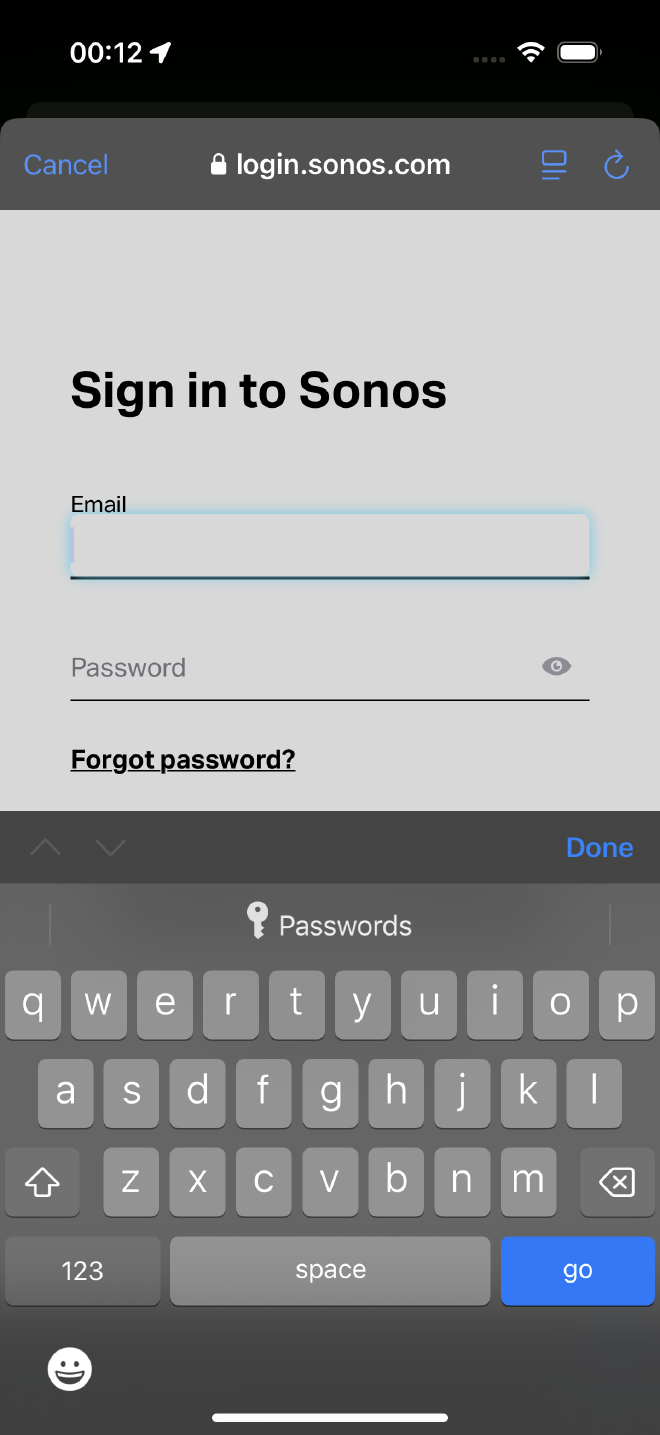 Sonos Login form